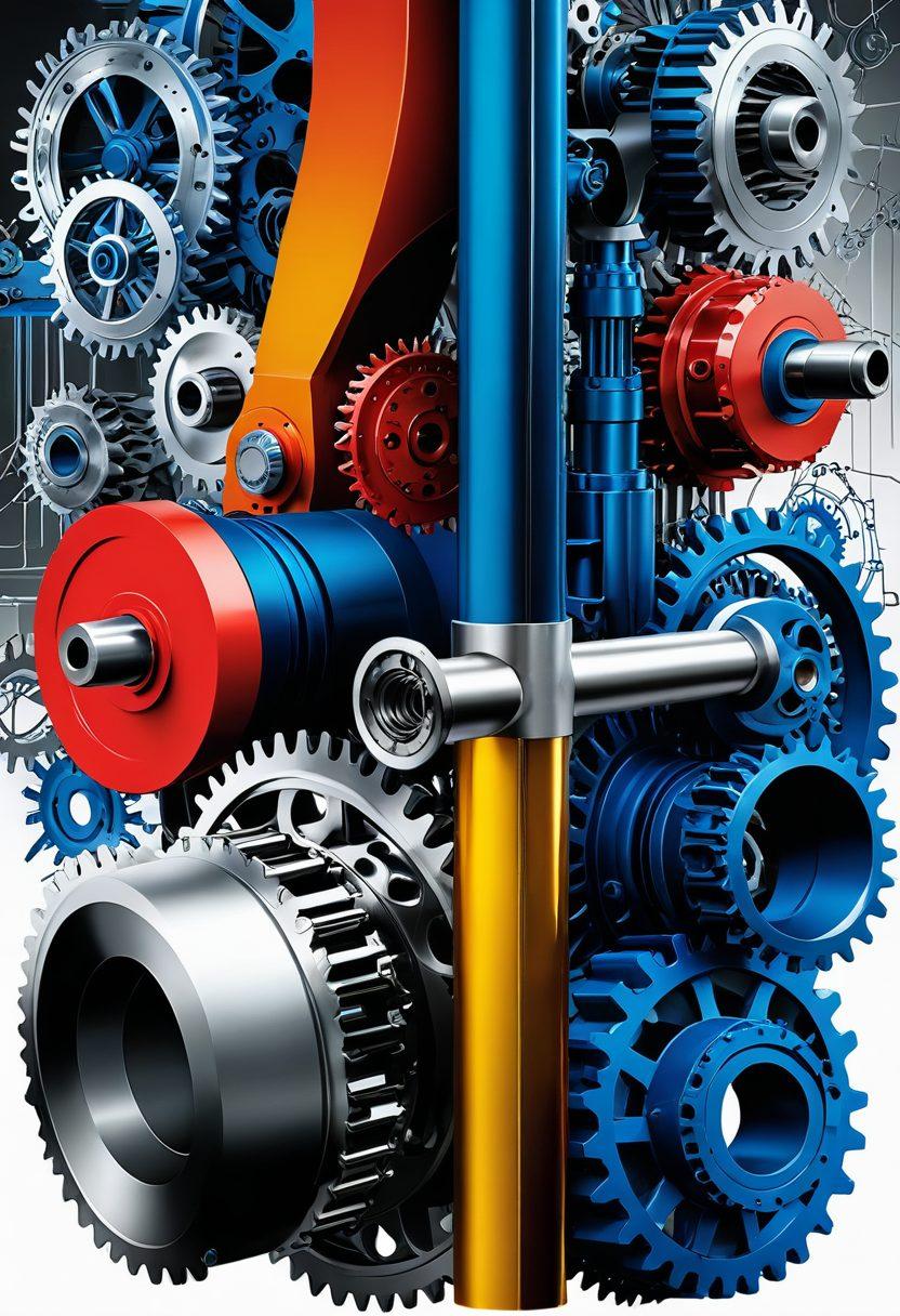 A dynamic visual representation of modern shaft technology evolution, featuring various shaft designs and materials seamlessly blending from traditional to cutting-edge solutions. Overlay graphs showcasing key trends in technology, accompanied by gears and mechanical elements symbolizing custom solutions to industrial challenges. Background should suggest an industrial setting with hints of innovation and engineering. super-realistic. vibrant colors. white background.